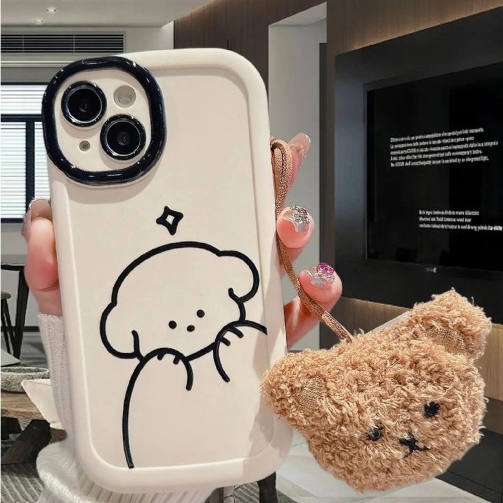 White Cute Cartoon Puppy Protective Phone Case with Bear Charm
